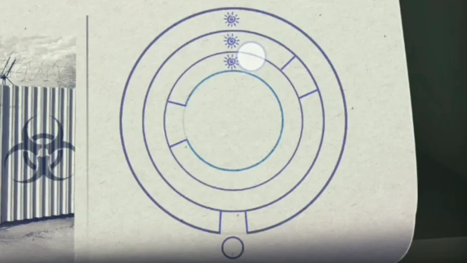 Newspaper ring diagram: three rings with their sun marks lined up at the top, gaps at different points of each ring and the opening with the ball at the bottom