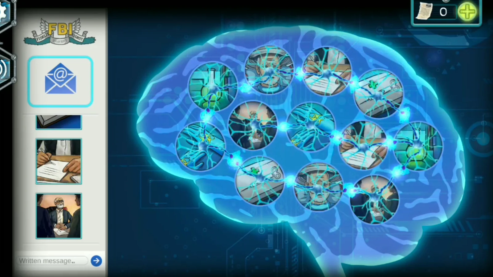 Brain on the laptop with all twelve nodes turned up in six matching picture pairs and the evidence pictures listed on the left