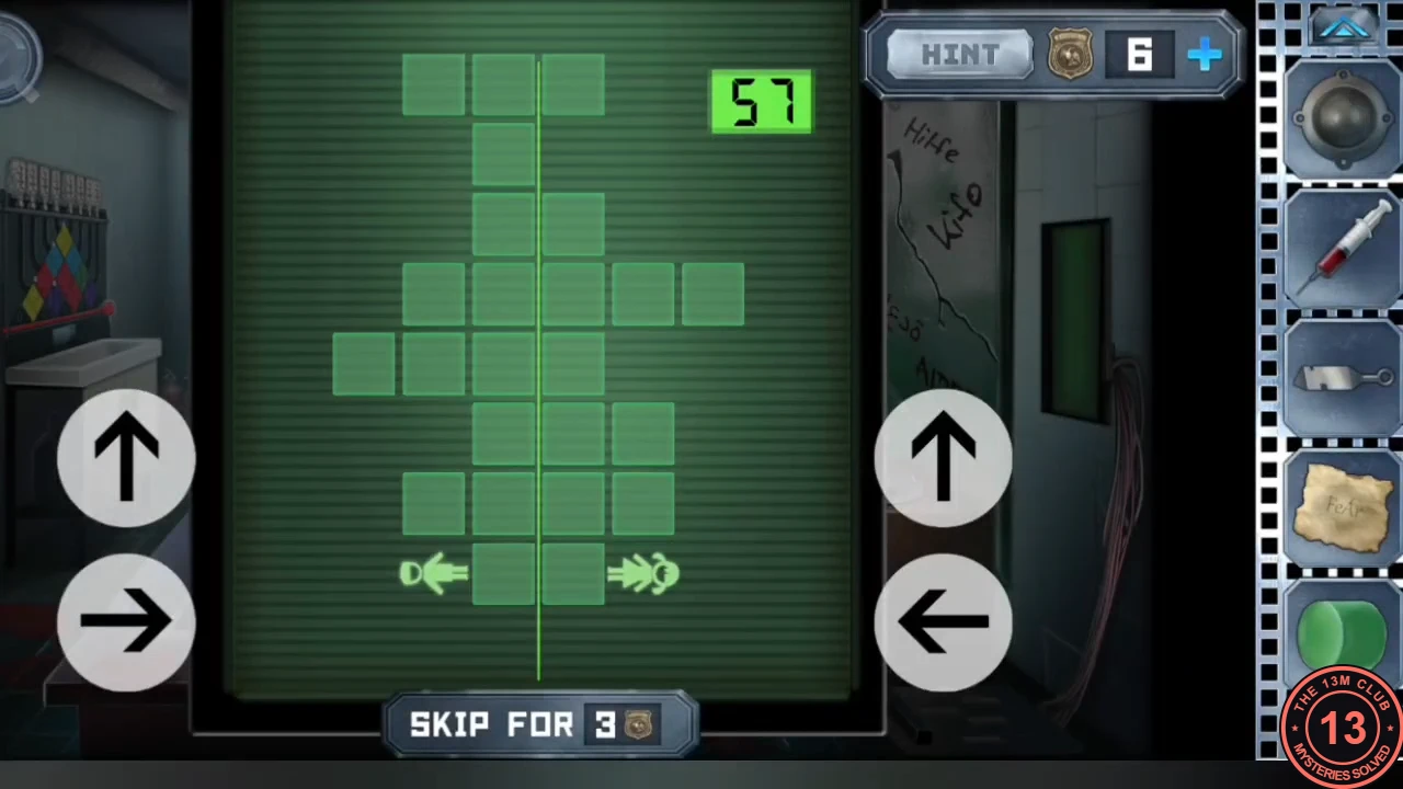 The 'Giveaway' game on the lab console: a green screen of blocks with a boy and a girl at the bottom, a move counter reading 57, and up and side arrow buttons on both sides