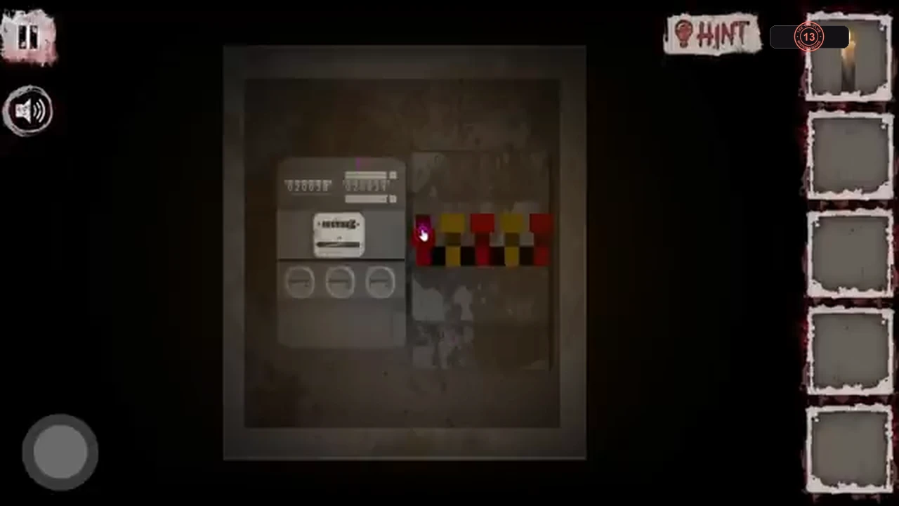 Wall panel with switches and five columns of red and yellow blocks, all raised
