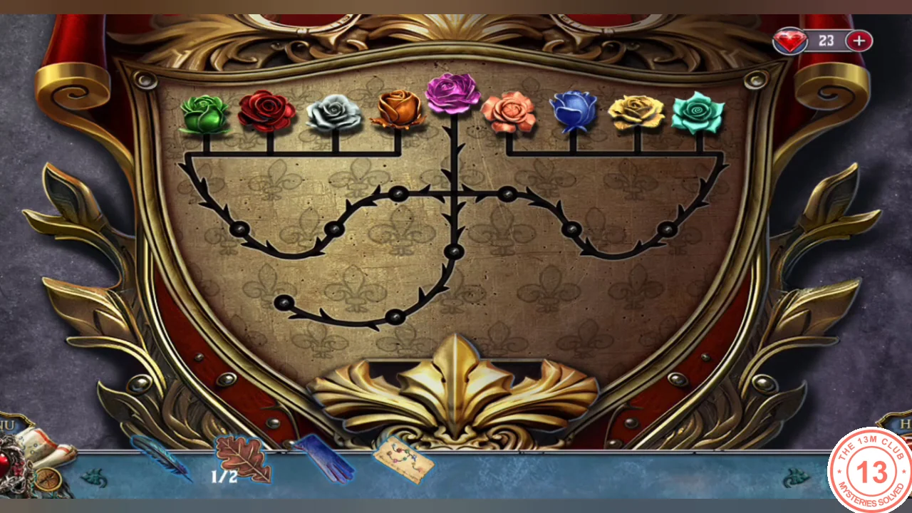 Crest over the bed with nine colored rose tokens above a thorny track