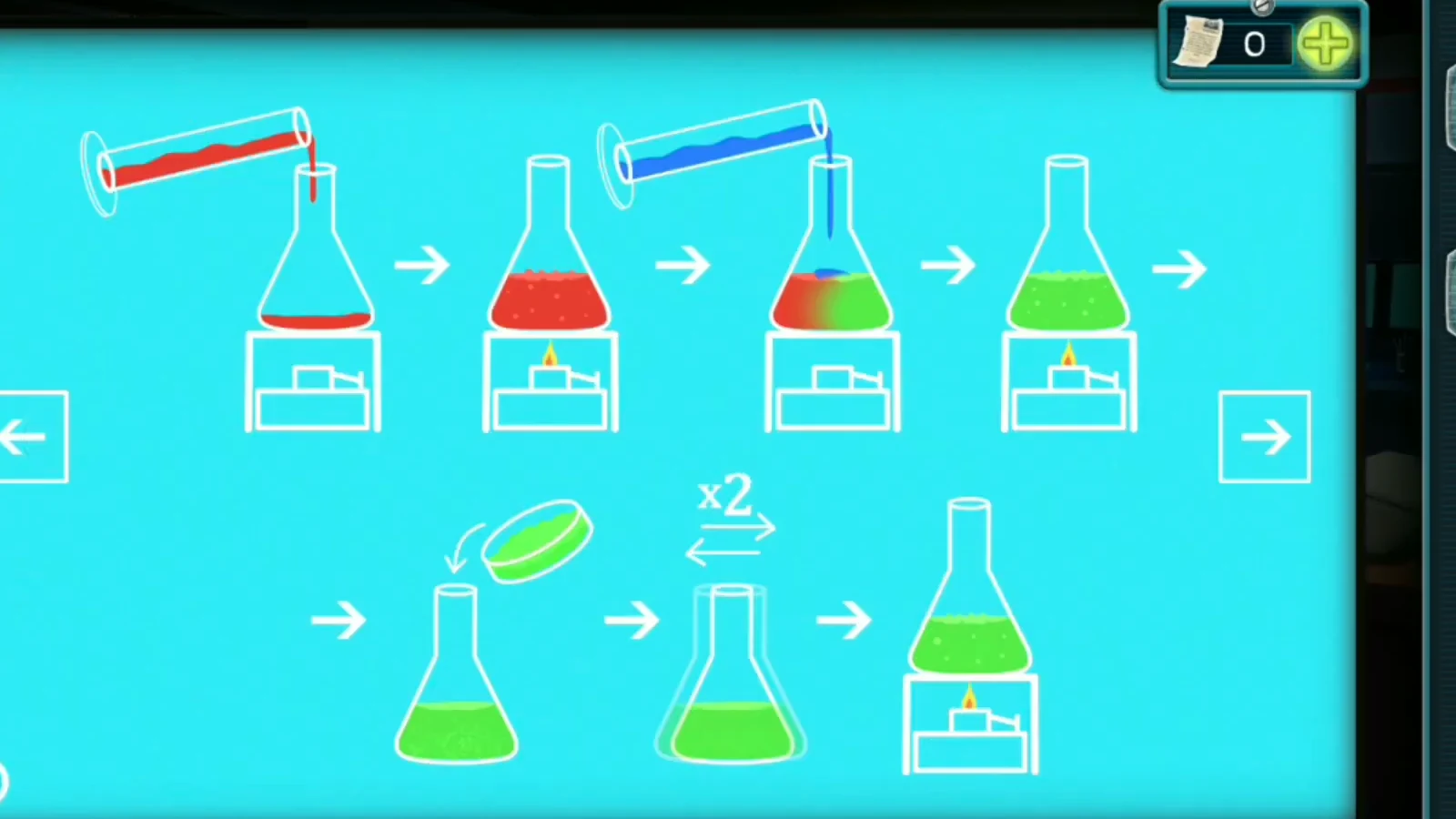 Laboratory note showing red then blue liquid heated to green, then powder added, the flask shaken side to side twice (x2) and heated