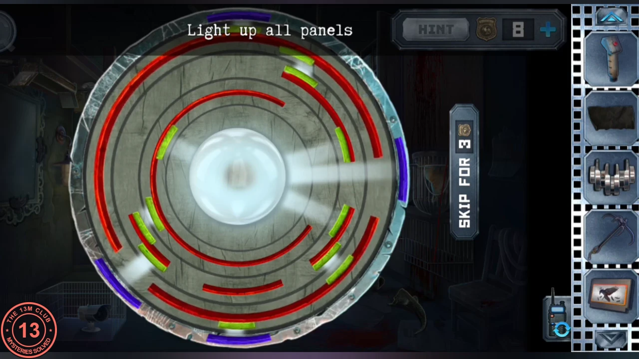 Disco-light puzzle: concentric red rings with green gap segments around a glowing ball, light beams passing through gaps toward purple panels on the rim, instruction 'Light up all panels'