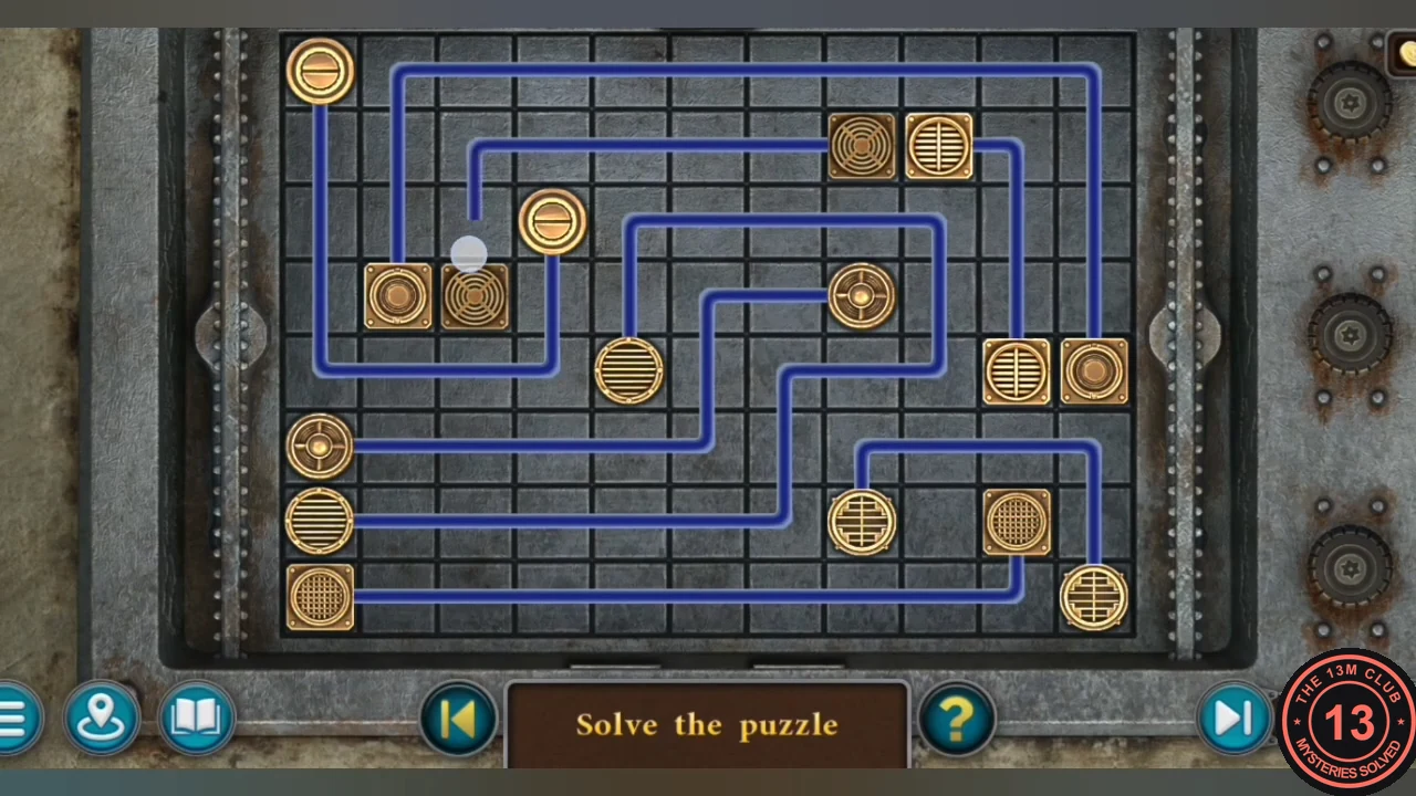 Solved elevator console with blue lines linking every pair of matching discs without crossing