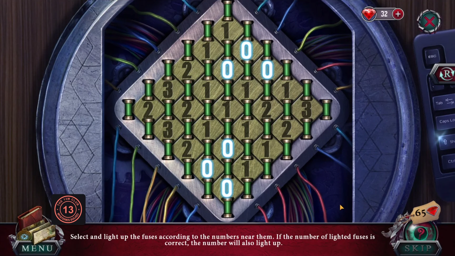 Diamond panel of numbered tiles with fuses on the edges between them