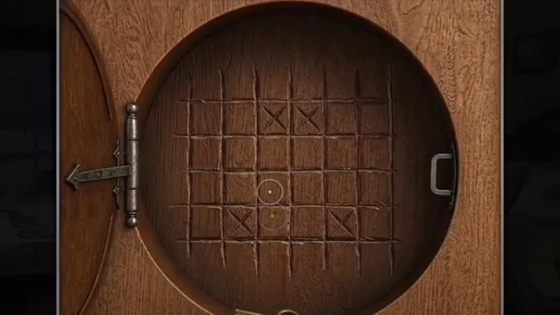 Inside of the headboard compartment lid: a 6 by 4 grid scratched into the wood with four X marks