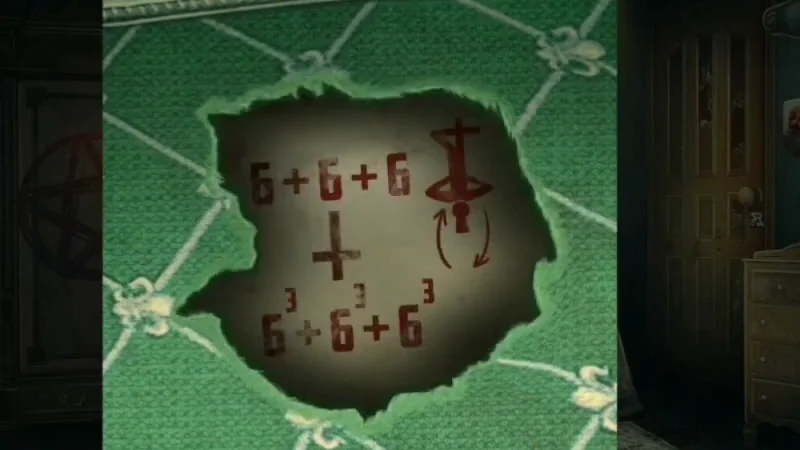 Hole cut in the green rug showing 6+6+6 above a plus sign and 6 cubed plus 6 cubed plus 6 cubed below, with an inverted cross and a curved arrow showing a half turn