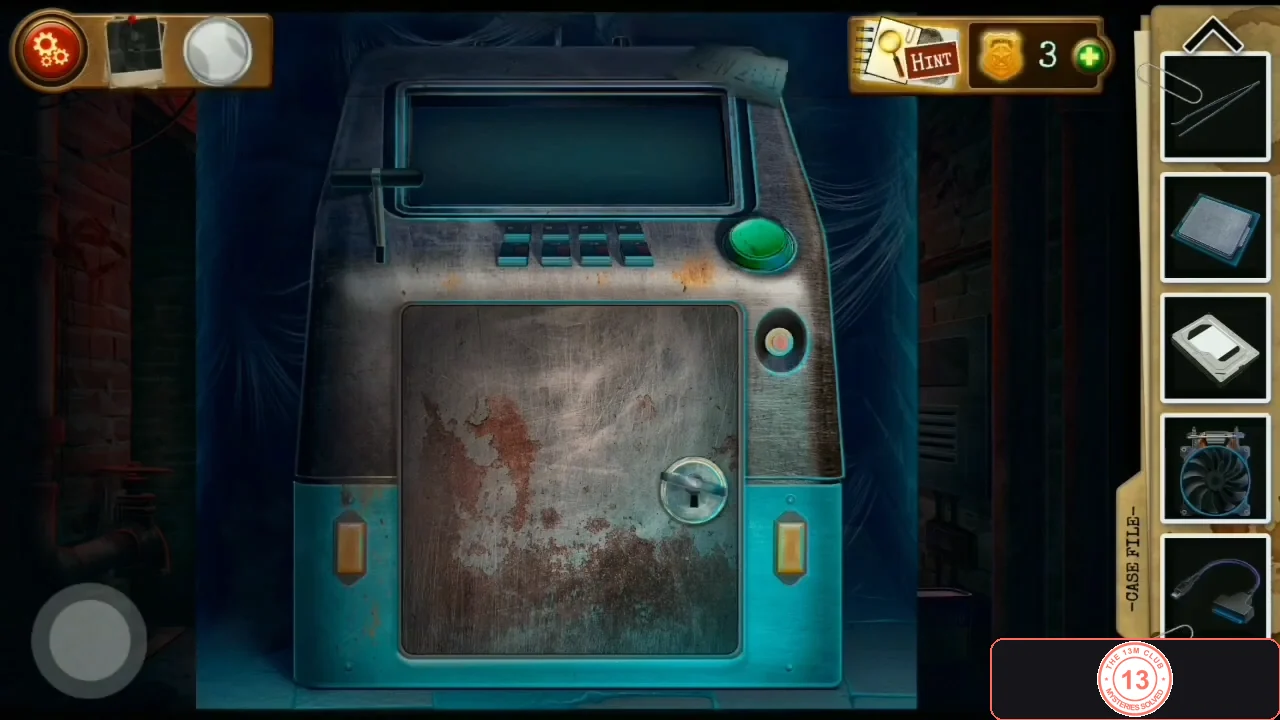 The teal corridor terminal opened with the Generator key, showing an empty screen, four buttons, a green button and an empty compartment for the computer parts