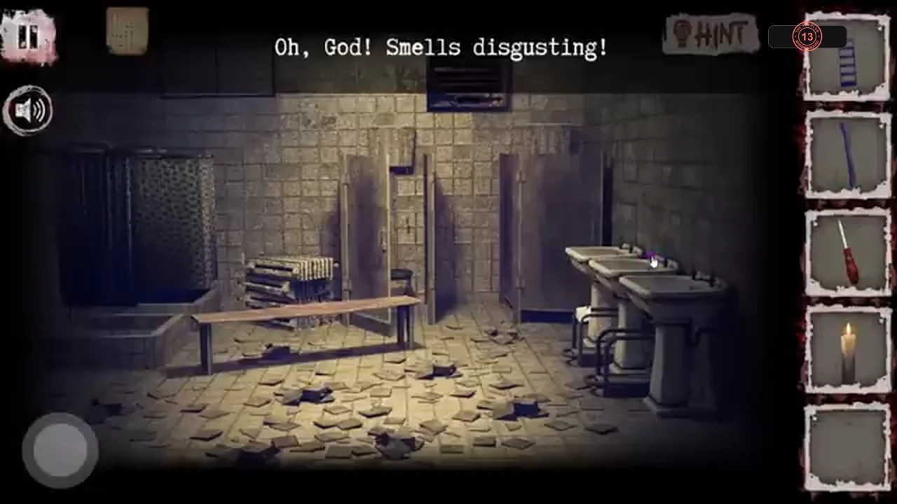 Filthy washroom with a bench, sinks and a shower stall at the left