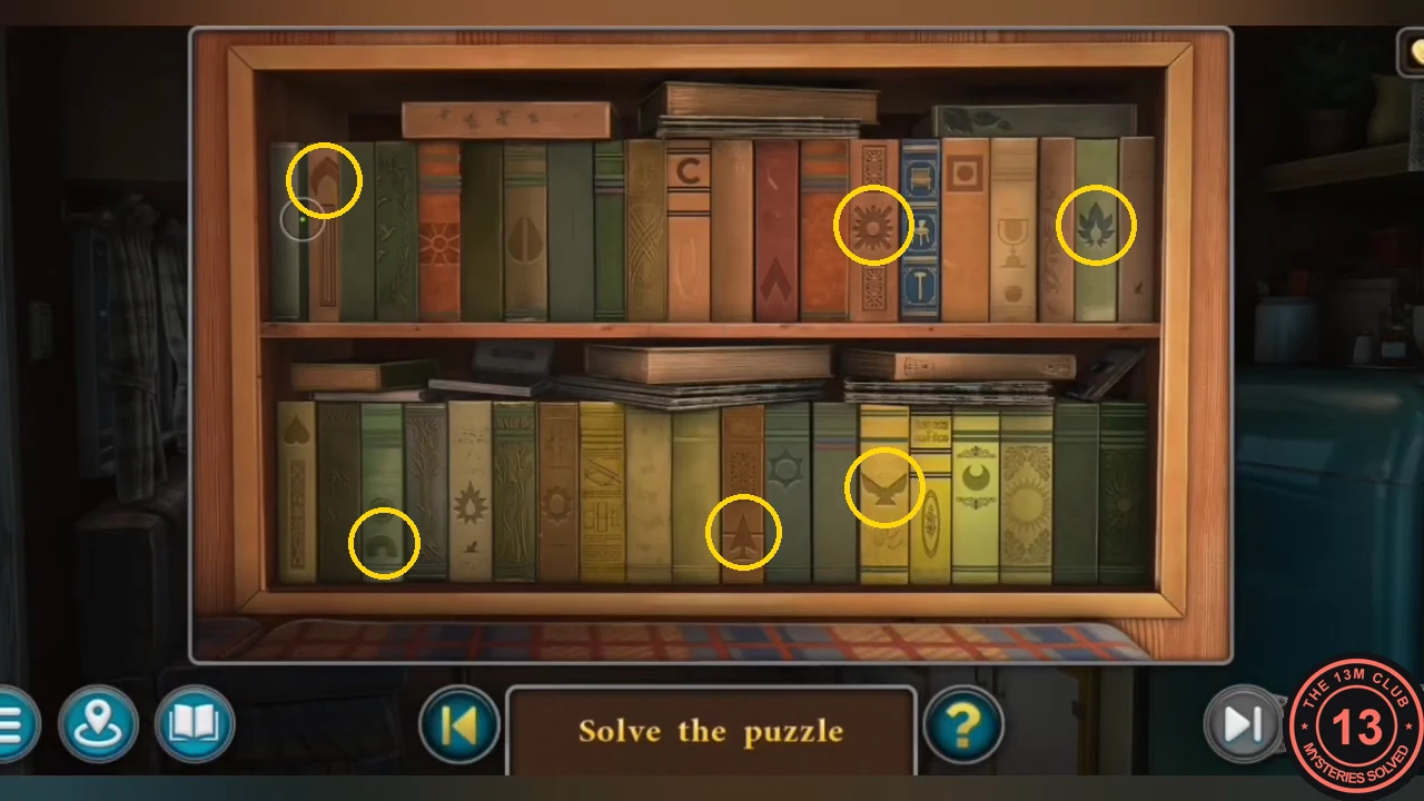 Trailer bookshelf with six books circled: arch, sun and flame on the top shelf; arch, arrow and bird on the bottom shelf