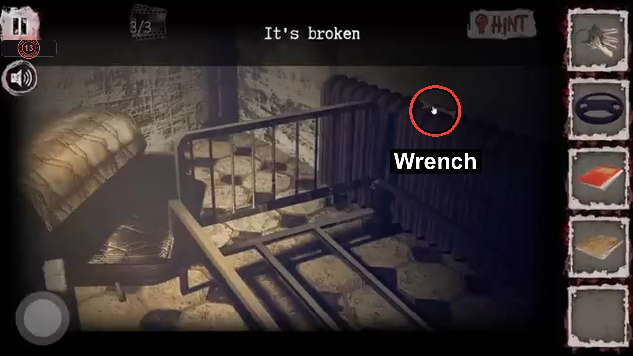 Broken bed and radiator in the riddle room with the wrench on the radiator circled