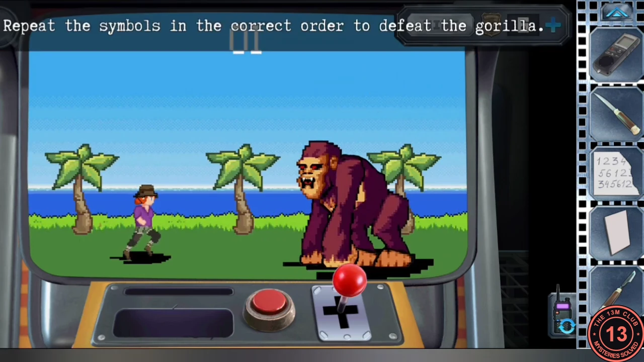 Mirror-room arcade machine showing a pixel-art beach with the explorer girl facing a purple gorilla, the red button and joystick below, and the instruction "Repeat the symbols in the correct order to defeat the gorilla."