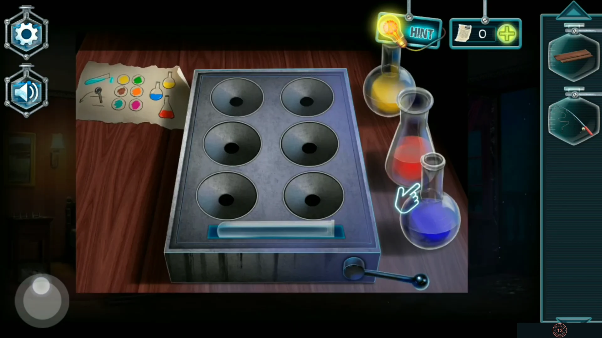 Six-well mixer in the dresser drawer with the recipe and coloured flasks