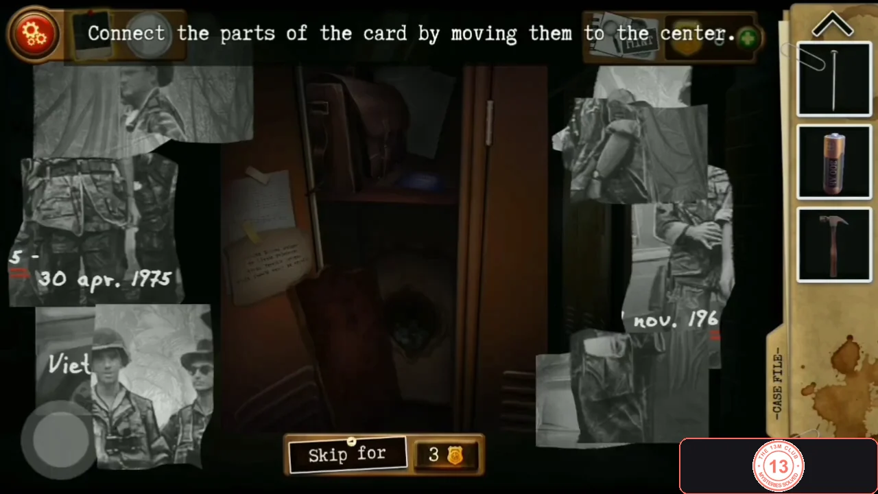 Torn photo pieces scattered around the open locker 7 with the instruction to connect the parts of the card