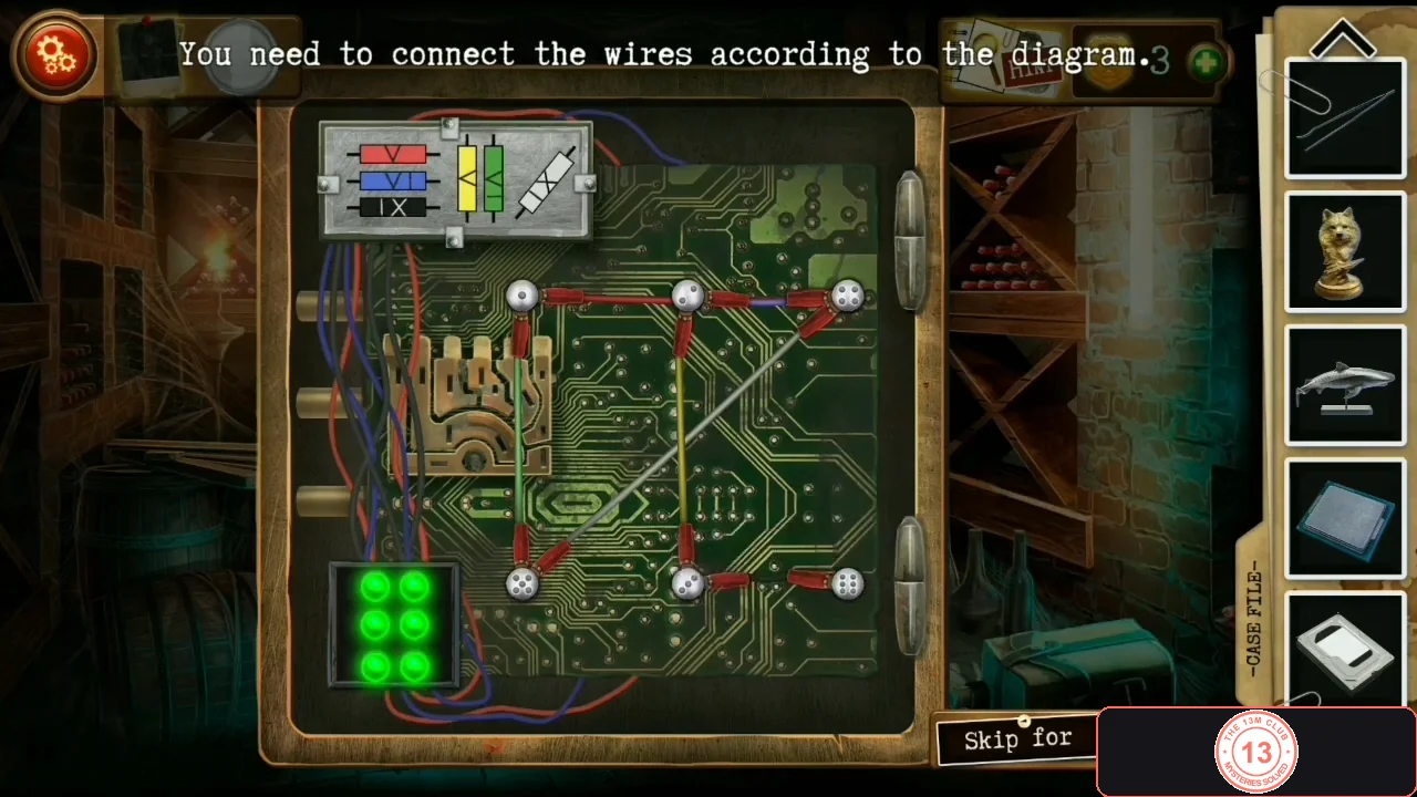 Wiring board with the colour and numeral key at the top left, all wires connected between the dotted nodes and six green lamps lit at the bottom left