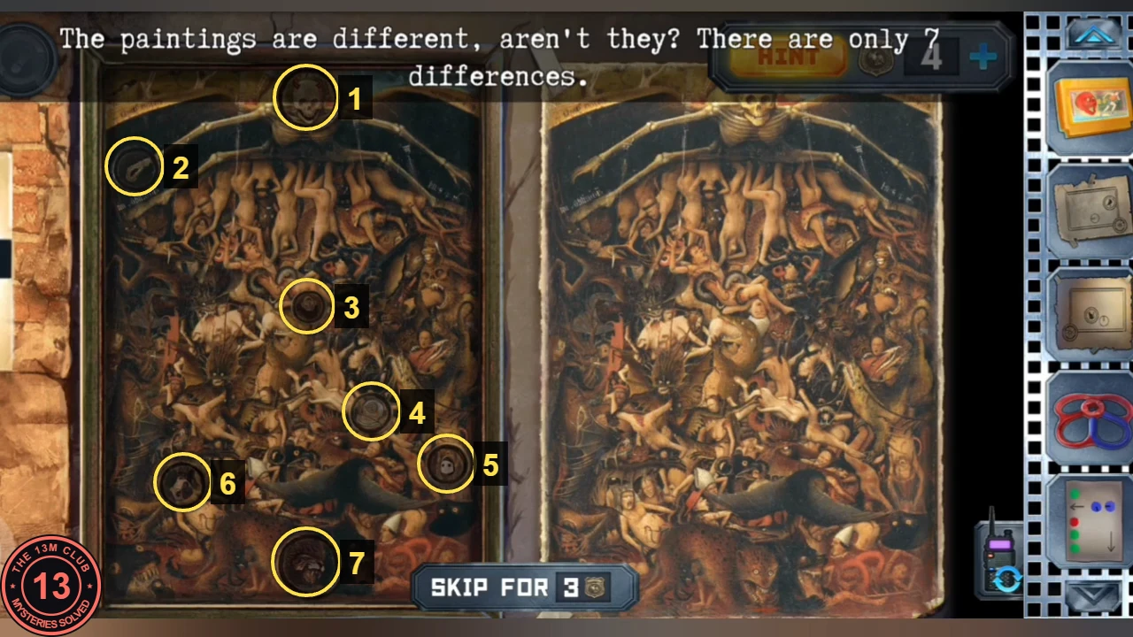 The two painting copies side by side with all seven differences found on the left copy, each marked with a yellow circle and numbered 1 to 7: the skull at the top centre, the wing tip at the top left, a small face in the centre, a diving helmet below the centre, a ghost mask at the right edge, a pug-faced figure at the lower left and a lion's head at the bottom centre