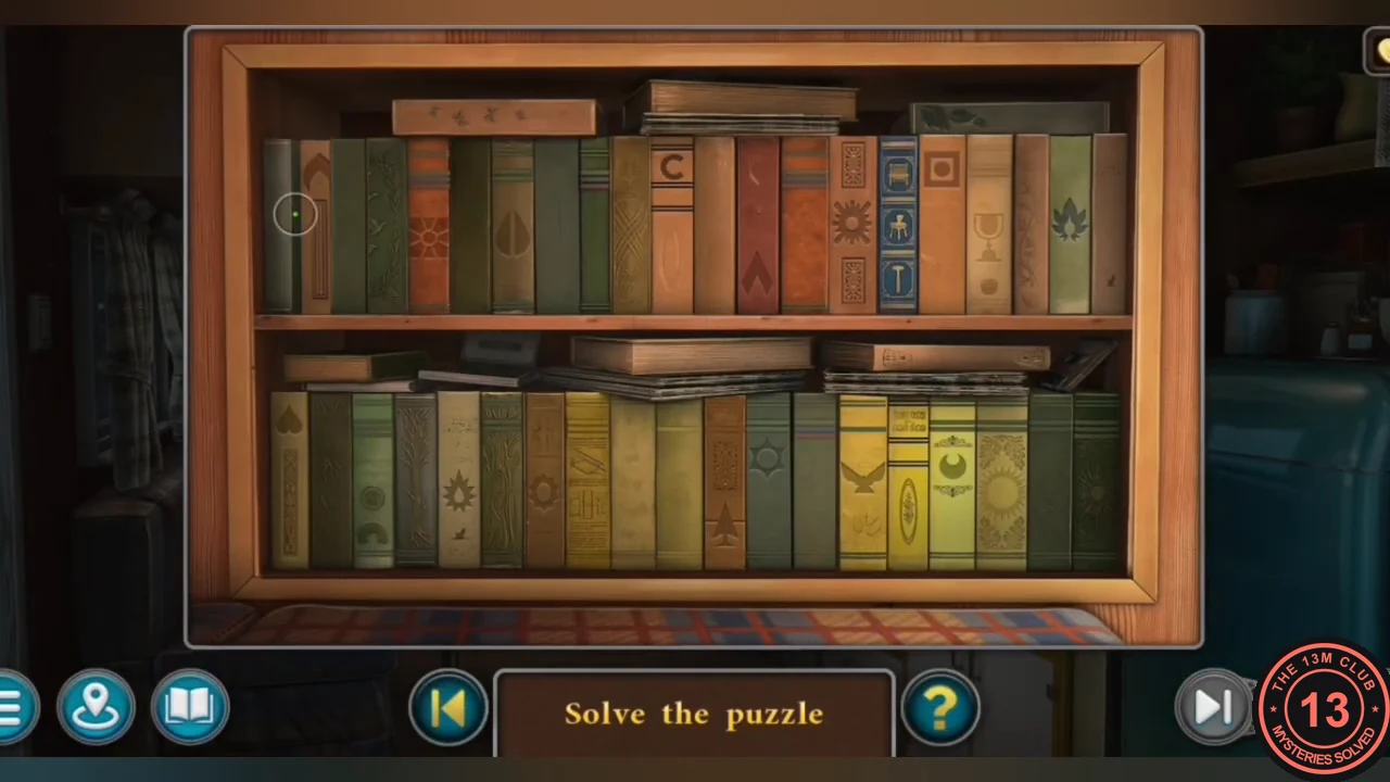 Frank's trailer bookshelf with two shelves of books carrying symbols on their spines