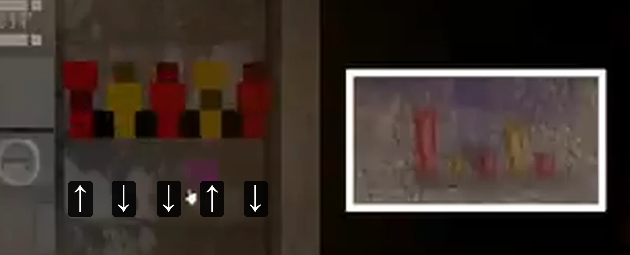 The solved fuse panel with arrows marking columns 1 and 4 raised and 2, 3 and 5 lowered, beside the bottle inset