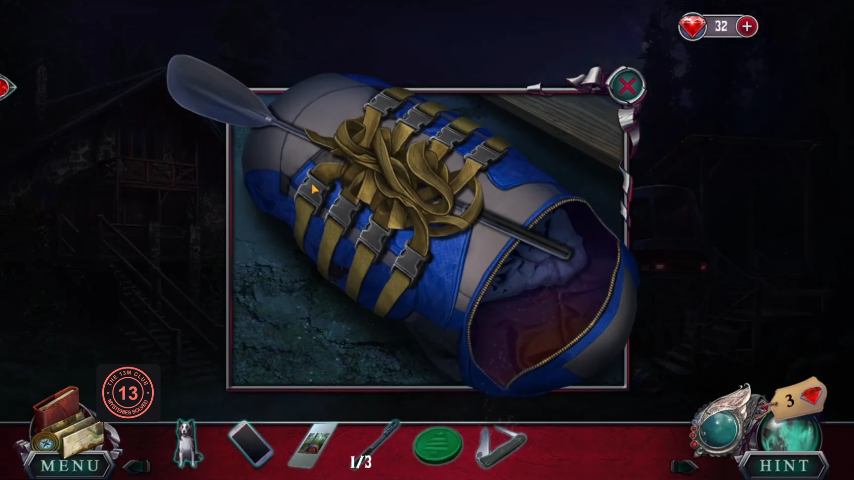 Strapped bag with four straps and eight buckles, and the paddle tied to it